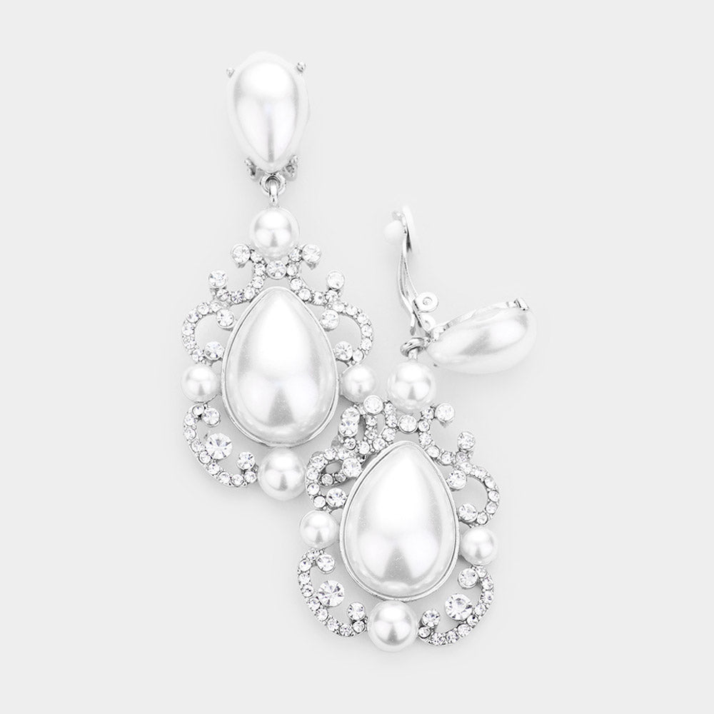 Elegant White Crystal Teardrop Dangle Clip On Earrings 