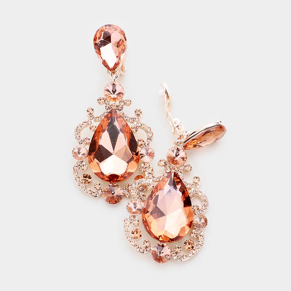 Elegant Peach Crystal Teardrop Dangle Clip On Earrings