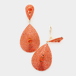 Large Orange Crystal Drop Earrings on Gold | Clip On