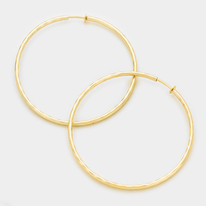 Large Clip On Gold Textured Hoop Earrings | 3.25" | 142686