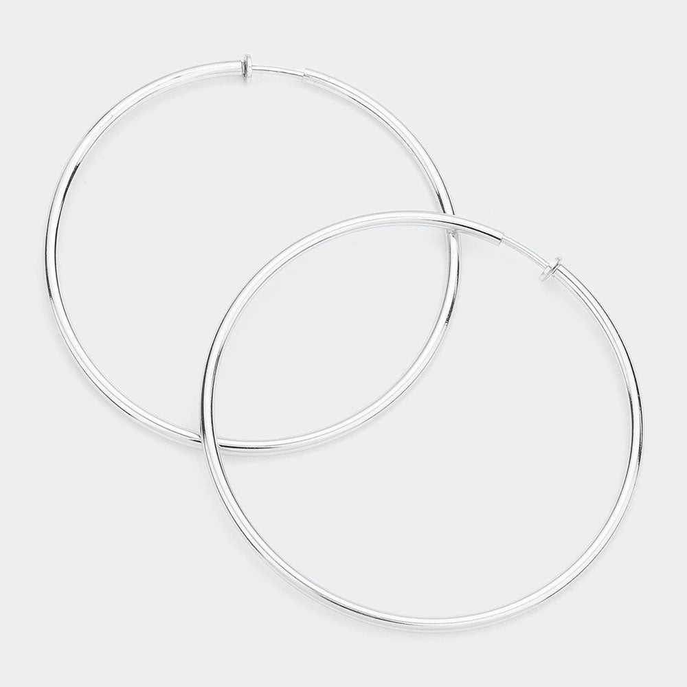 Extra Large Silver Metal Hoop Earrings | Clip On | 3.2"