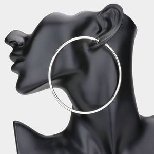 Extra Large Silver Metal Hoop Earrings | Clip On | 3.2"