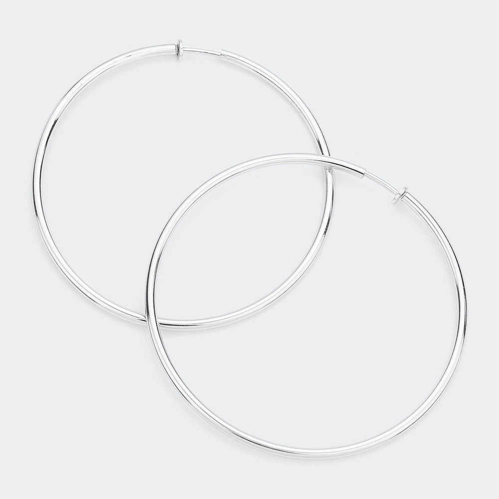 Hypoallergenic Extra Large Silver Metal Hoop Earrings | Clip On | 4"