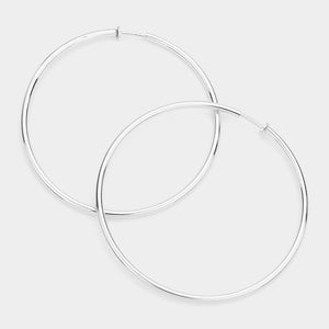 Extra Large Silver Metal Hoop Earrings | Clip On | 3.2"