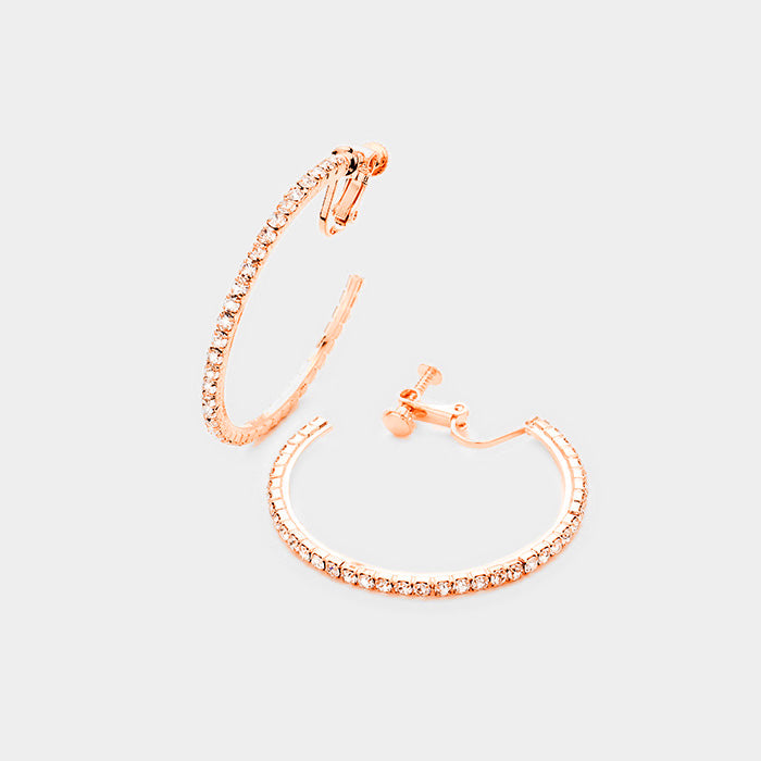 Small Crystal Clip On Hoop Earrings on Rose Gold | 1.75" | 378693