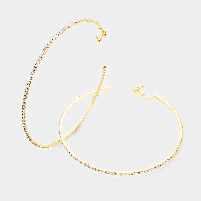 Large Oversized Crystal Clip On Hoop Earrings on Gold | 4"