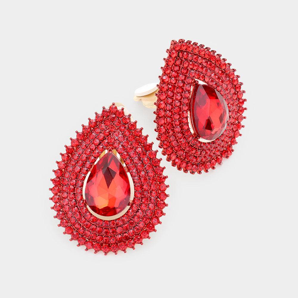 Red Crystal Teardrop Stone Center Rhinestone Surround Earrings | Interview Earrings