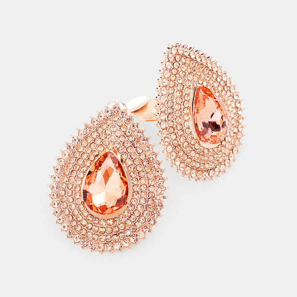 ﻿Peach Crystal Teardrop Stone Center Rhinestone Surround Earrings | Interview Earrings