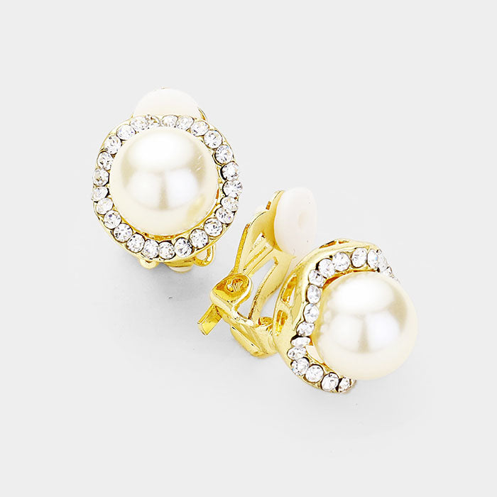 Cream Pearl Stud Clip On Earrings on Gold