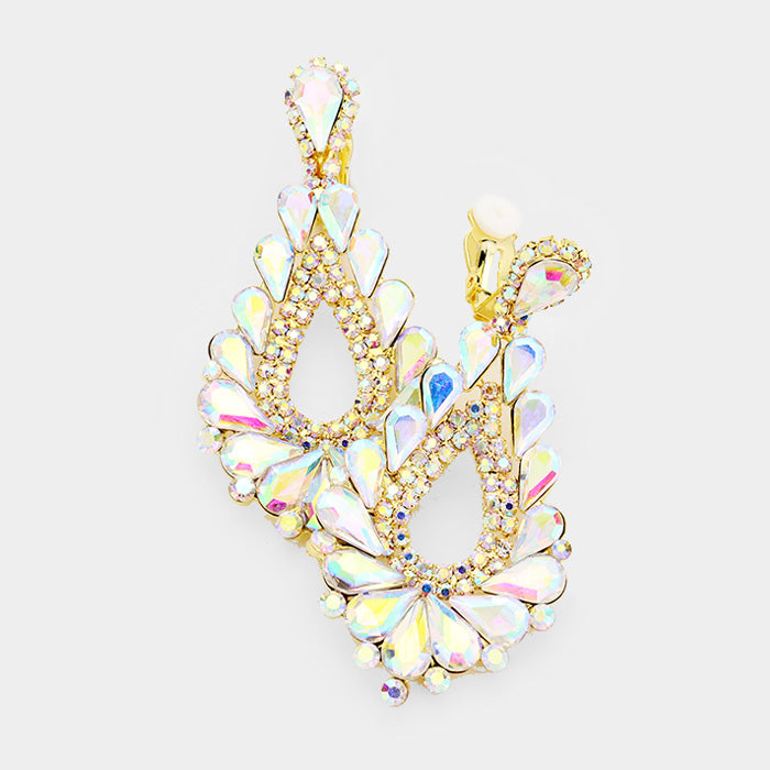 Cut Out AB Crystal Clip On Teardrop Chandelier Earrings on Gold