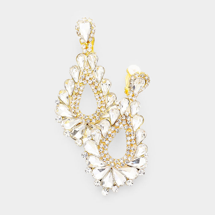 Cut Out Clear Crystal Clip On Teardrop Chandelier Earrings on Gold