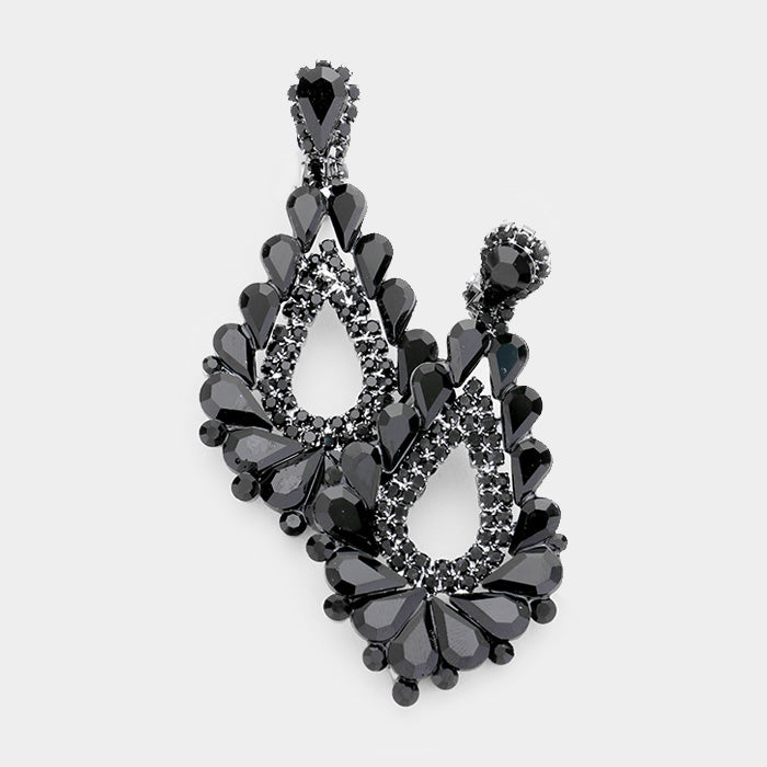 Cut Out Jet Black Crystal Clip On Teardrop Chandelier Earrings