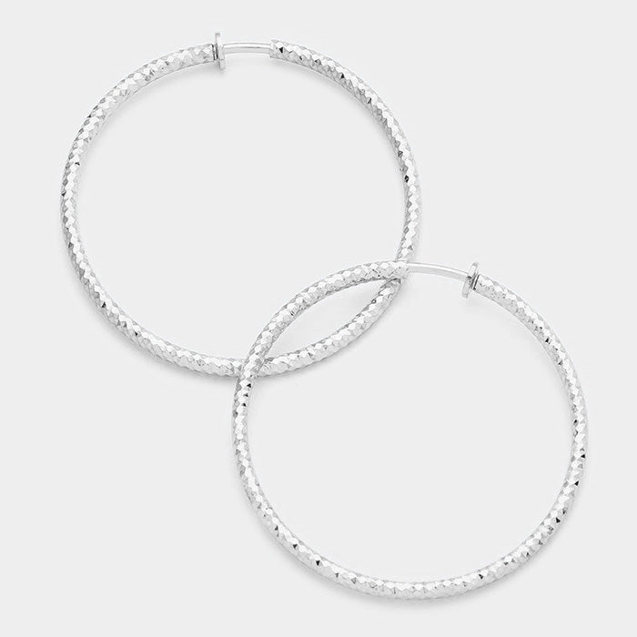 Textured Silver CLIP ON Hoop Earrings | 3 1/8" | 142491