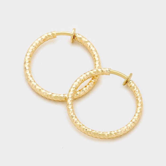 Gold Textured Clip on Hoop Earrings | 1.25"