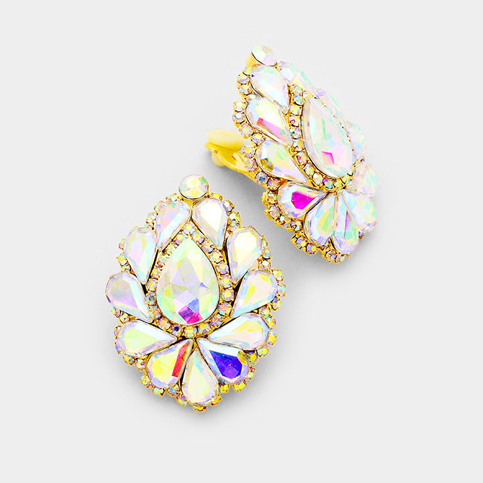 AB Crystal Cluster Teardrop Clip on Earrings on Gold