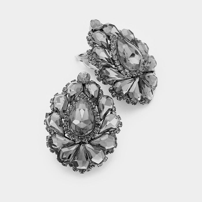 Black Diamond Crystal Cluster Teardrop Clip on Earrings | 391157