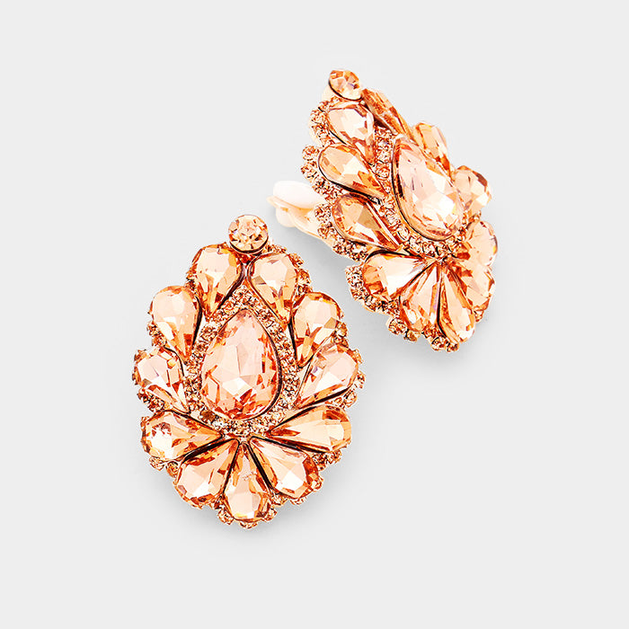 Peach Crystal Cluster Teardrop Clip on Earrings