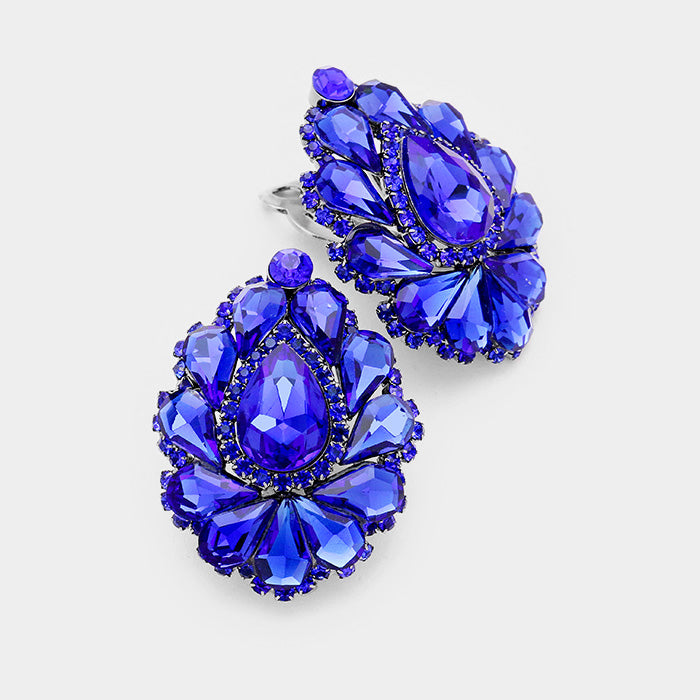 Royal Blue Crystal Cluster Teardrop Clip on Earrings 