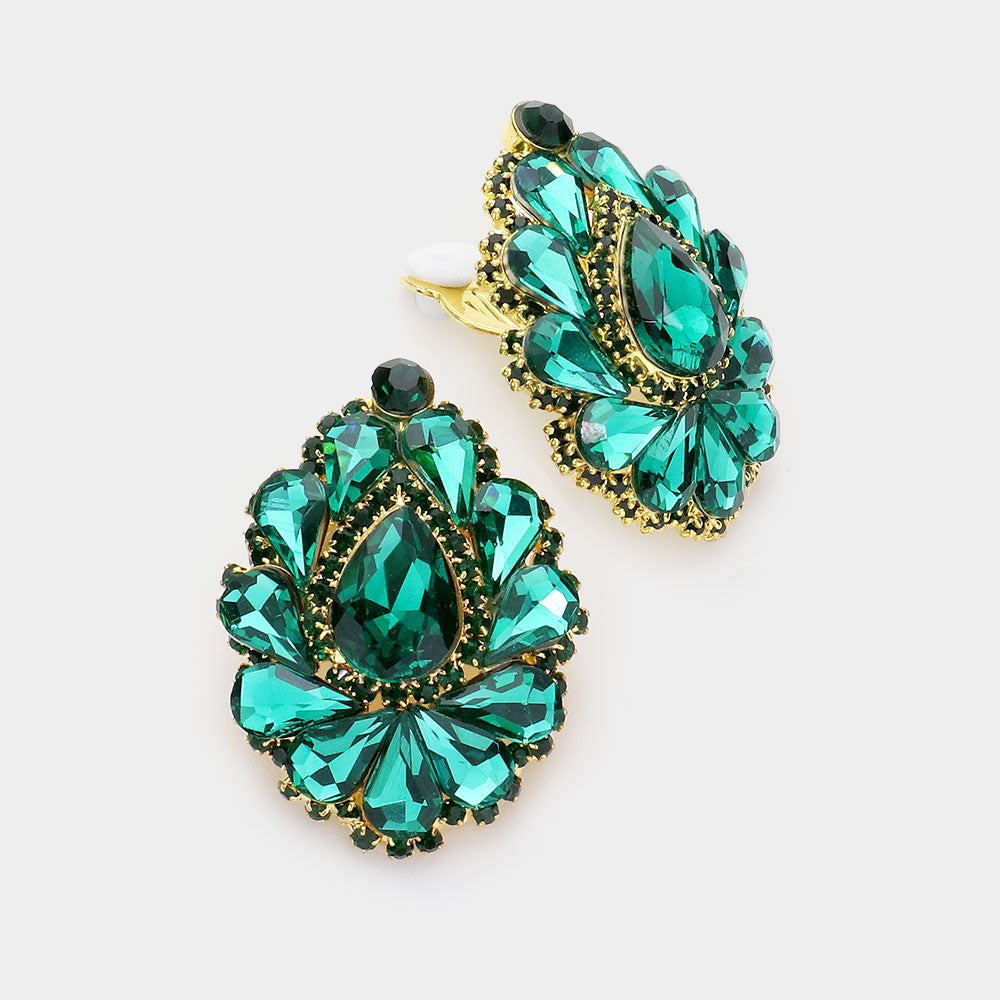 Emerald Crystal Cluster Teardrop Clip on Earrings