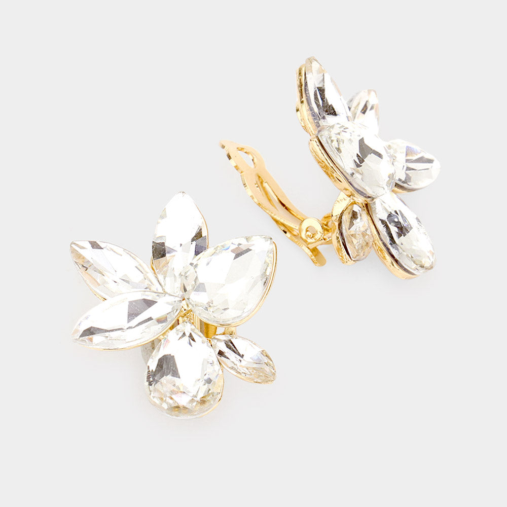 Small Clear Crystal Stud Clip On Earrings on Gold