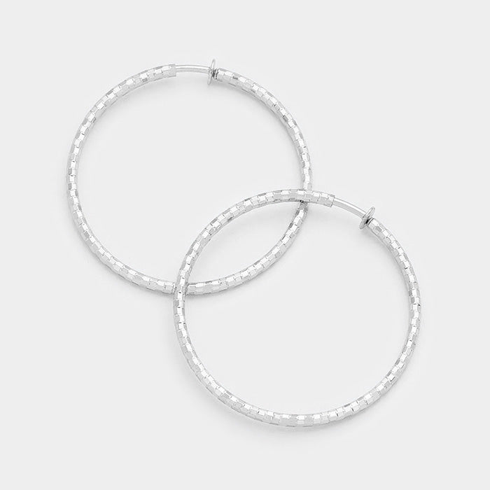 Textured Silver Metal Clip Hoop Earrings