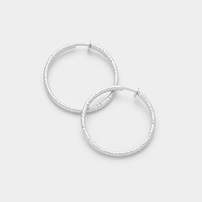 Textured Silver Hoop Clip On Earrings | 1.25"