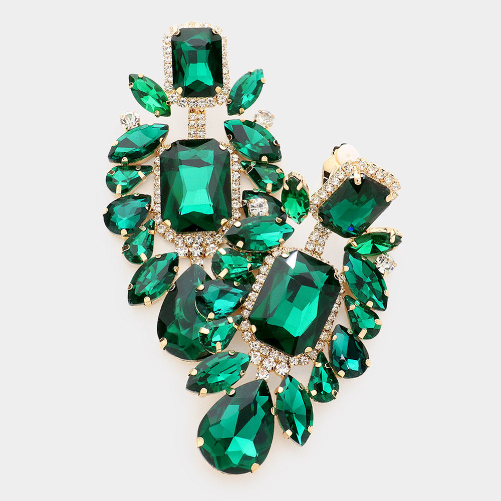 Large Emerald Multi Stone Embellished Clip On Pageant Earrings | Prom Earrings