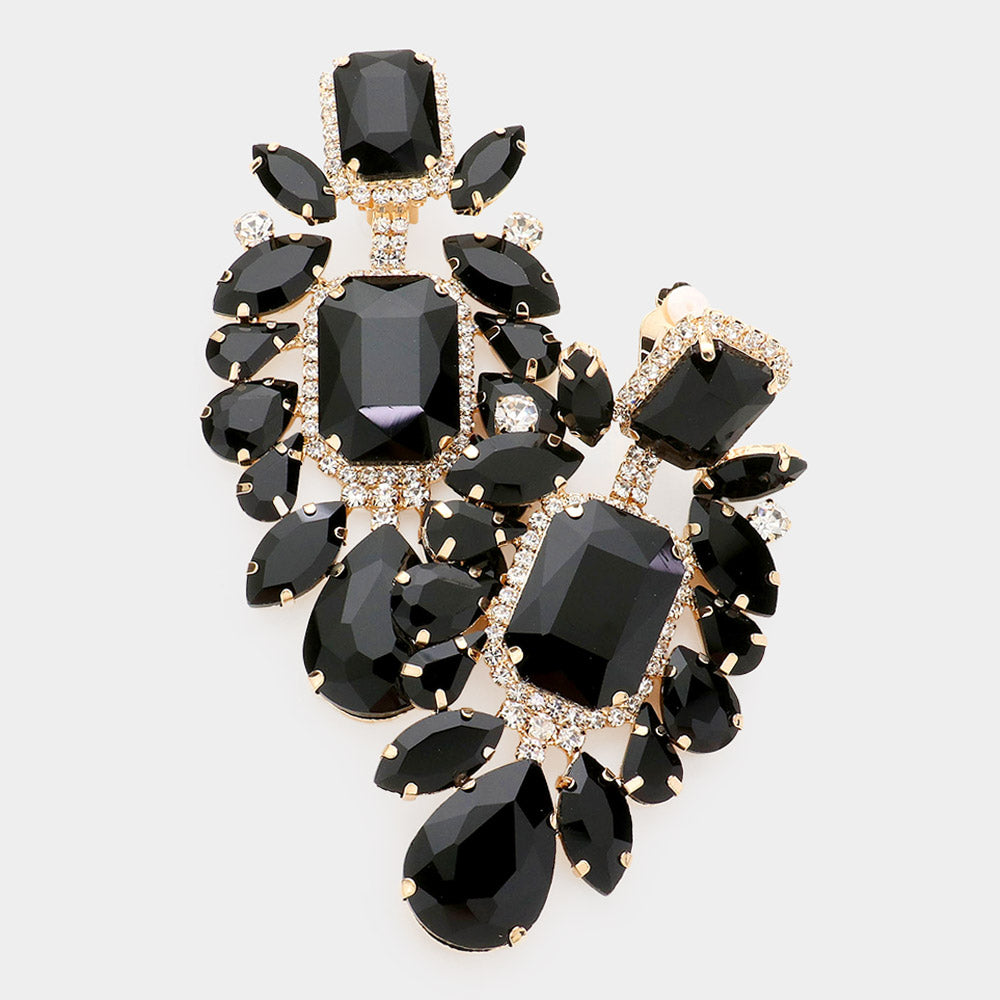 Large Jet Black Multi Stone Embellished Clip On Pageant Earrings  | Prom Earrings