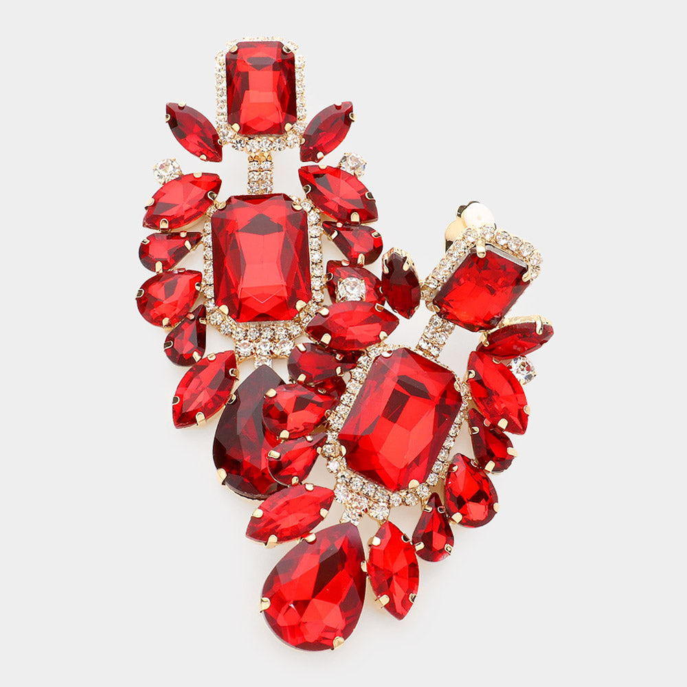 Large Red Multi Stone Embellished Clip On Pageant Earrings  | Prom Earrings