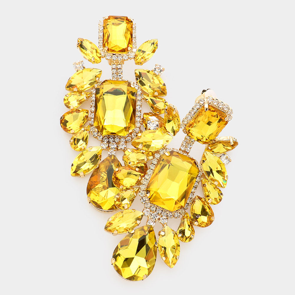 Large Yellow Multi Stone Embellished Clip On Pageant Earrings  | Prom Earrings