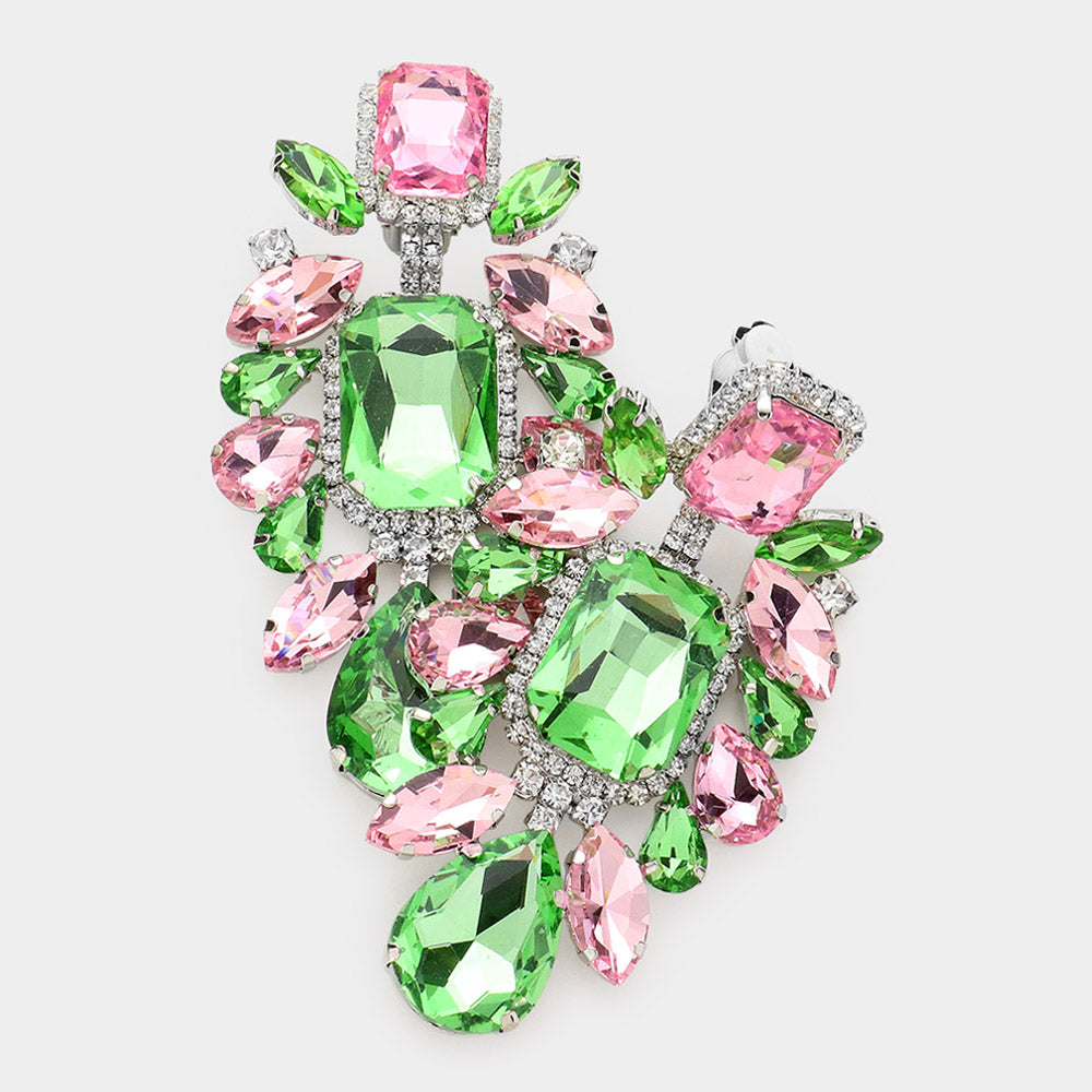Large Pink & Green Multi Stone Embellished Clip On Pageant Earrings  | Prom Earrings | 572303