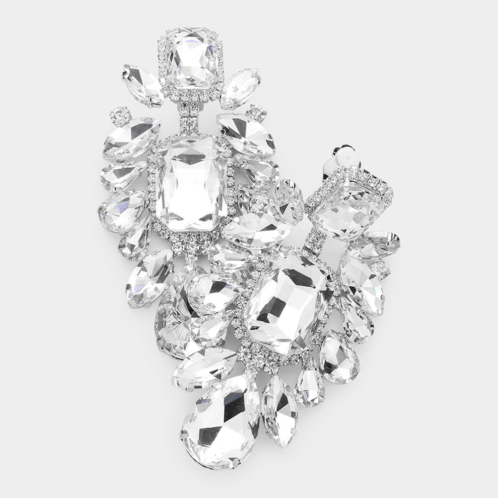 Large Clear Multi Stone Embellished Clip On Pageant Earrings  | Prom Earrings