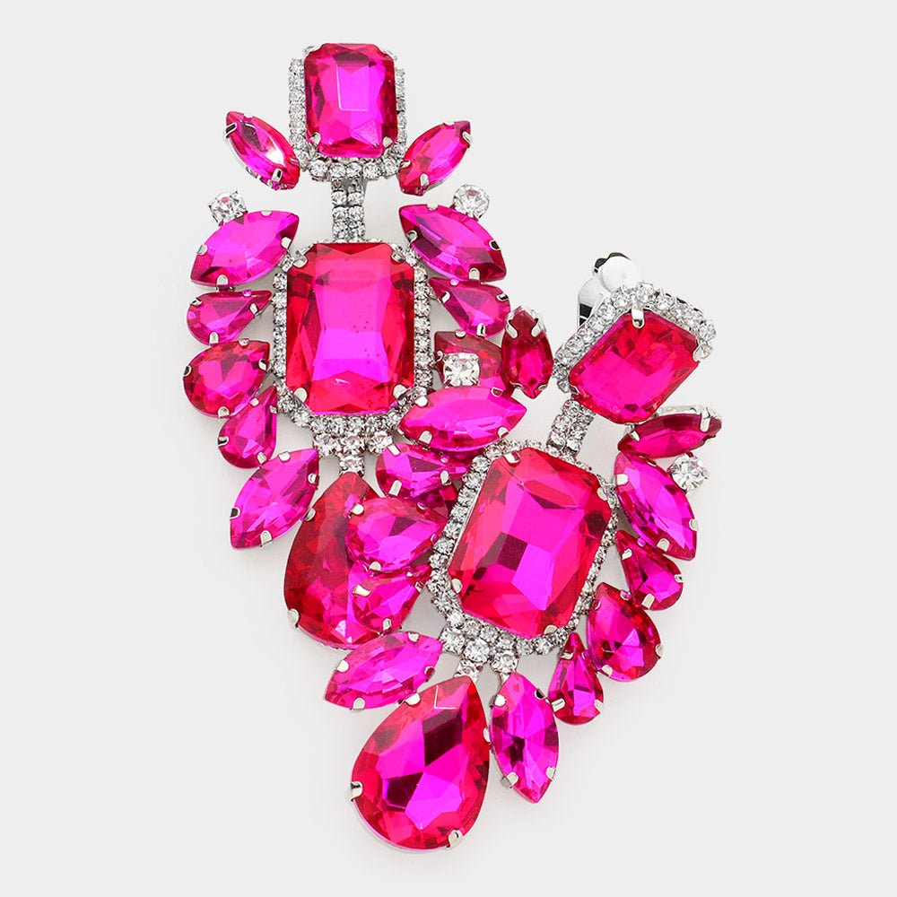 Large Fuchsia Multi Stone Embellished Clip On Pageant Earrings | Prom Earrings