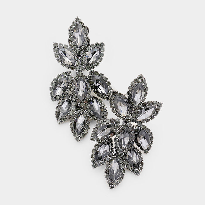 Black Diamond Crystal Rhinestone Oval Cluster Clip On Earrings