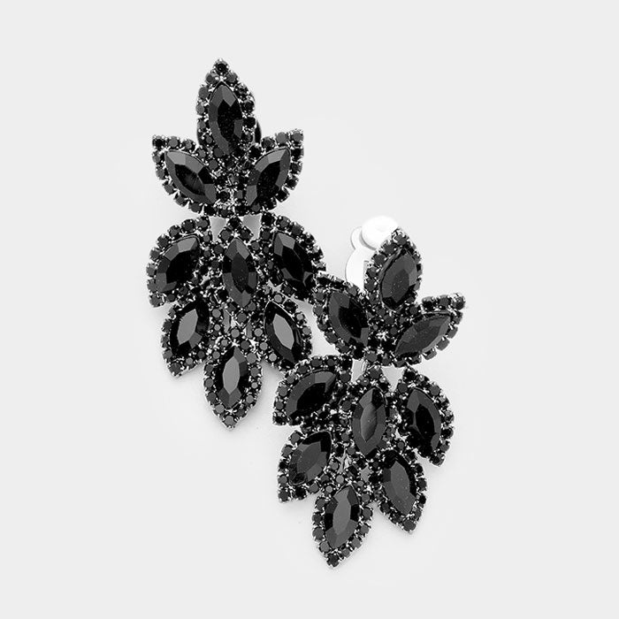 Black Crystal Rhinestone Oval Cluster Clip On Earrings 