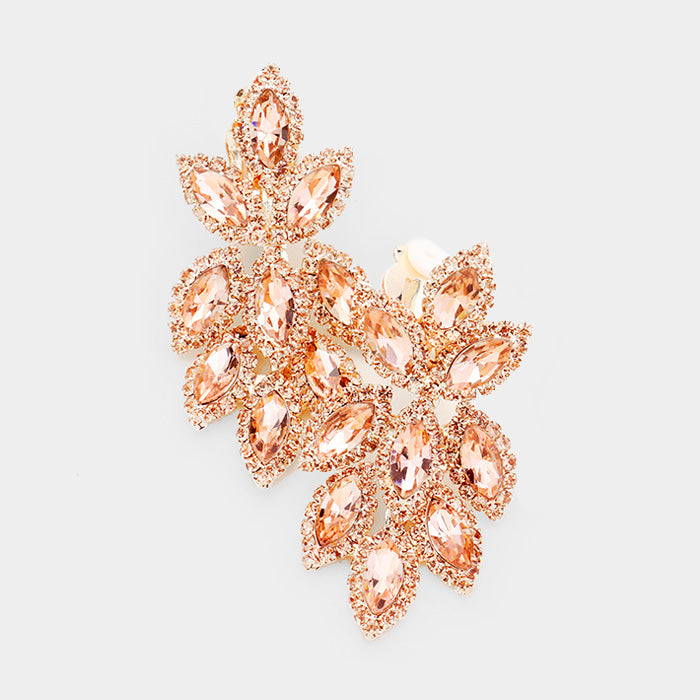 Peach Crystal Rhinestone Oval Cluster Clip On Earrings