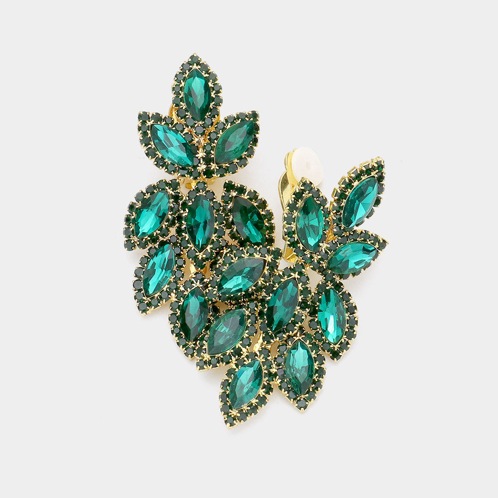 Emerald Crystal Rhinestone Oval Cluster Clip On Earrings