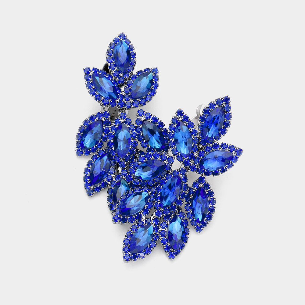 Royal Blue Crystal Rhinestone Oval Cluster Clip On Earrings