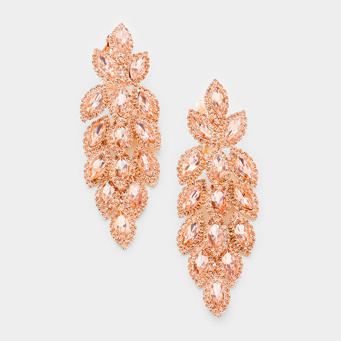 Large Peach Crystal Leaf Clip On Earrings