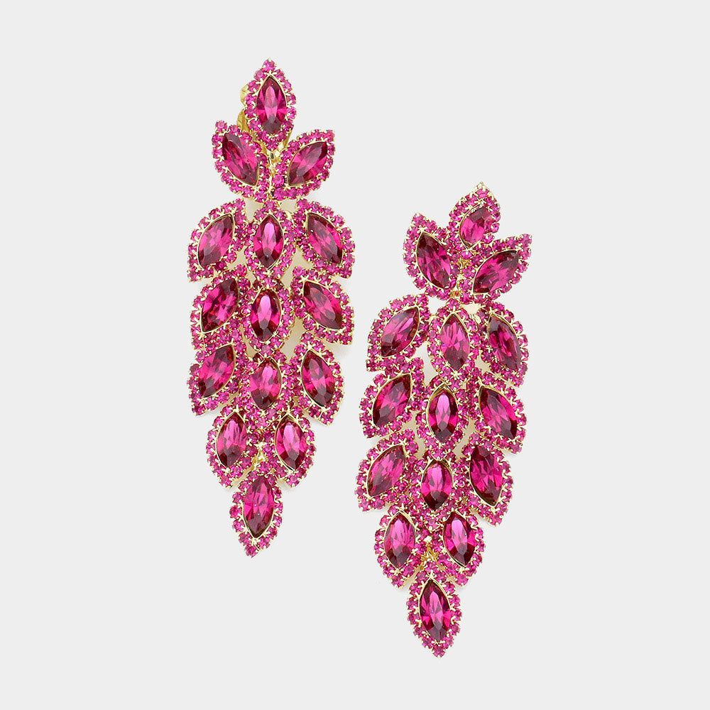 Large Fuchsia Crystal Leaf Clip On Earrings