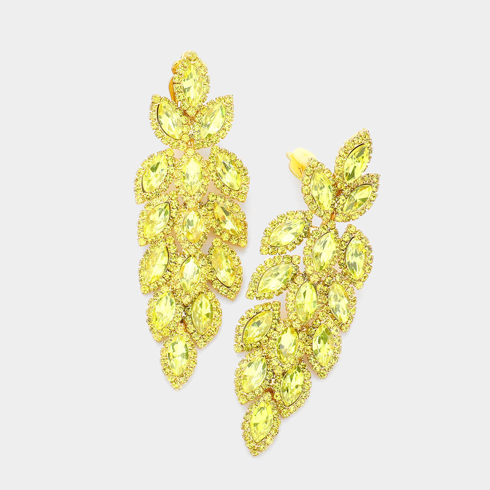 Large Yellow Crystal Leaf Clip On Earrings