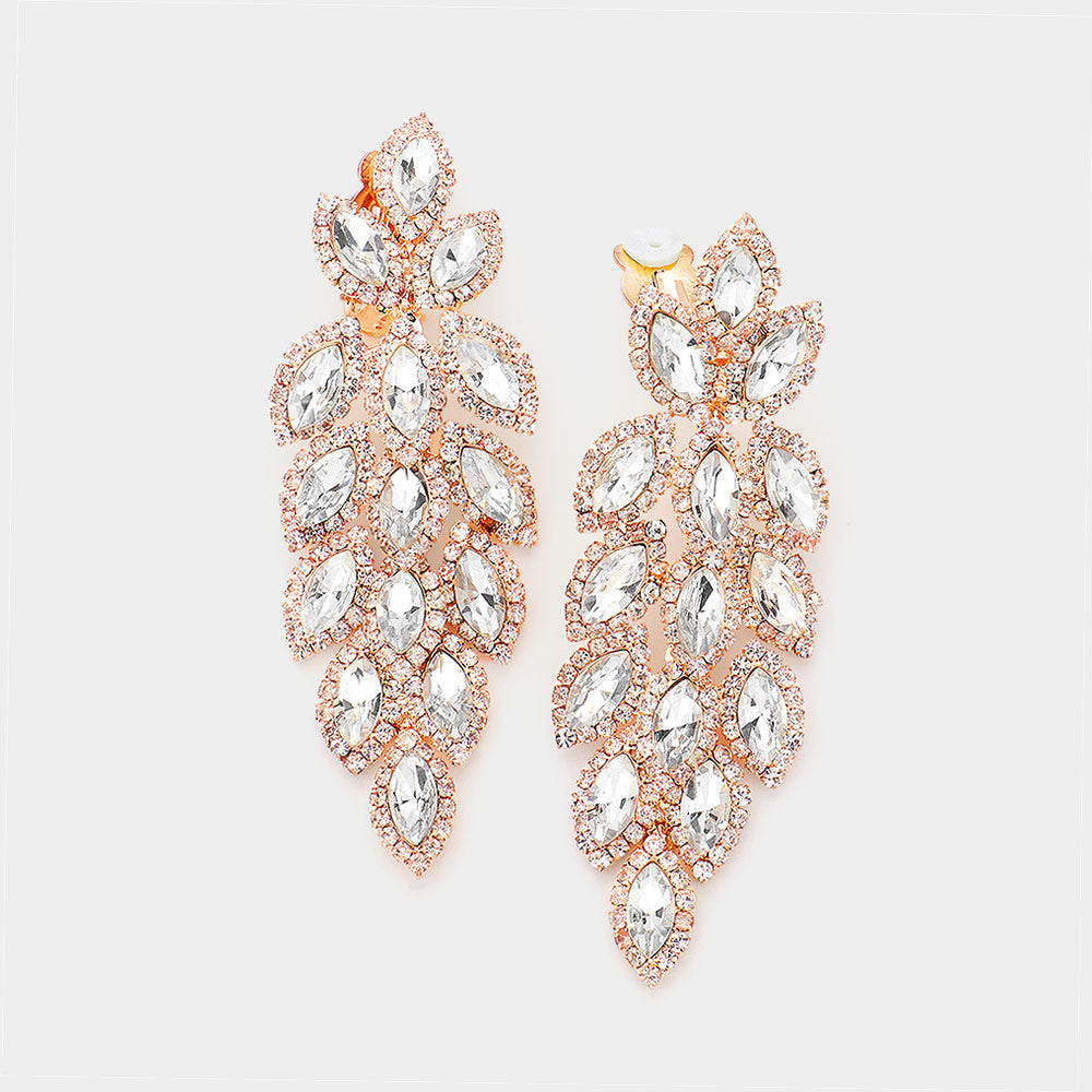 Large Clear Crystal Leaf Clip On Earrings on Rose Gold