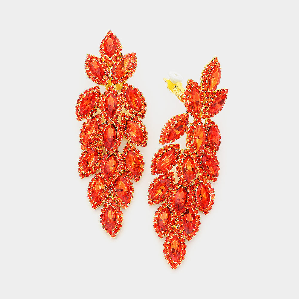 Large Orange Crystal Leaf Clip On Earrings