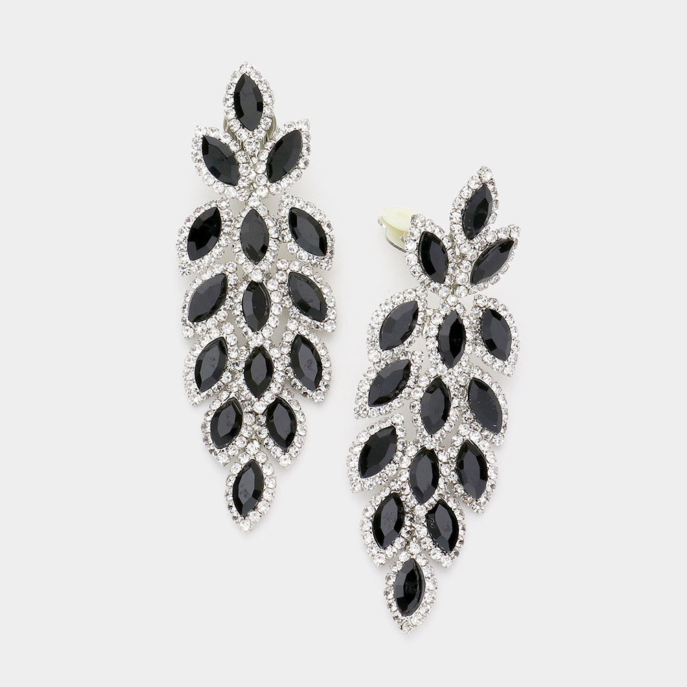 Large Black Crystal Leaf Clip On Earrings