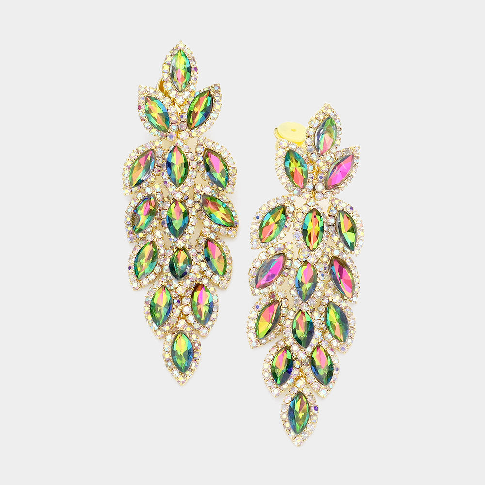 Large Multi-Color Crystal Leaf Clip On Earrings