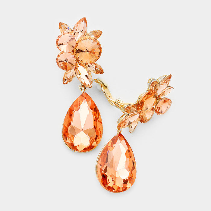 FLORAL PEACH TEARDROP CRYSTAL CLIP ON EARRINGS