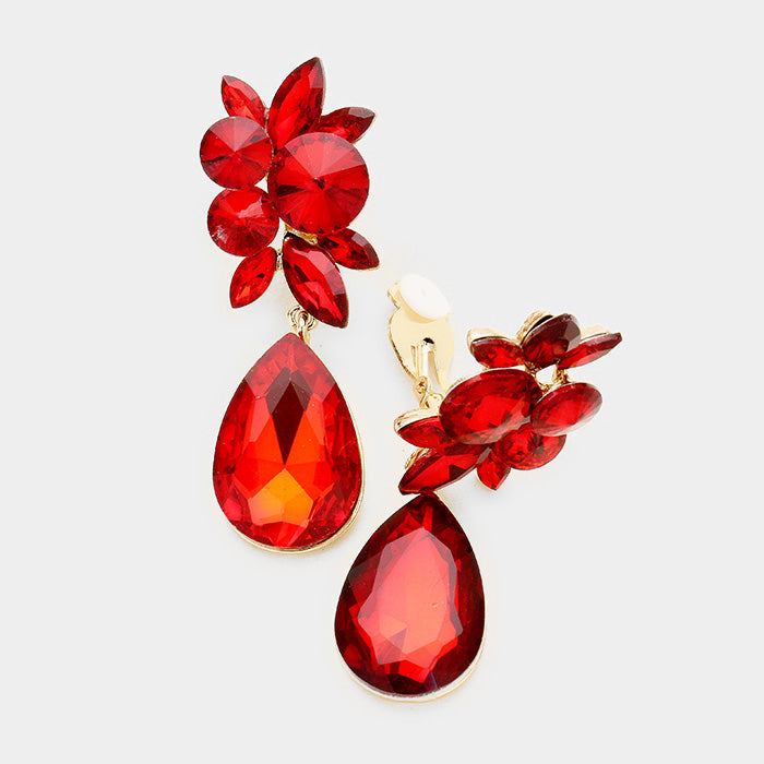 Red Floral Teardrop Crystal Clip on Earrings