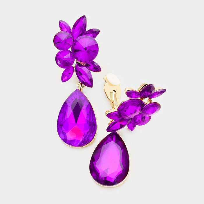 Floral Purple Teardrop Earrings | Clip On | 289665