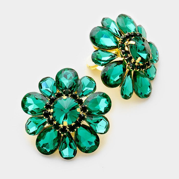 Large Green crystal flower clip on earrings