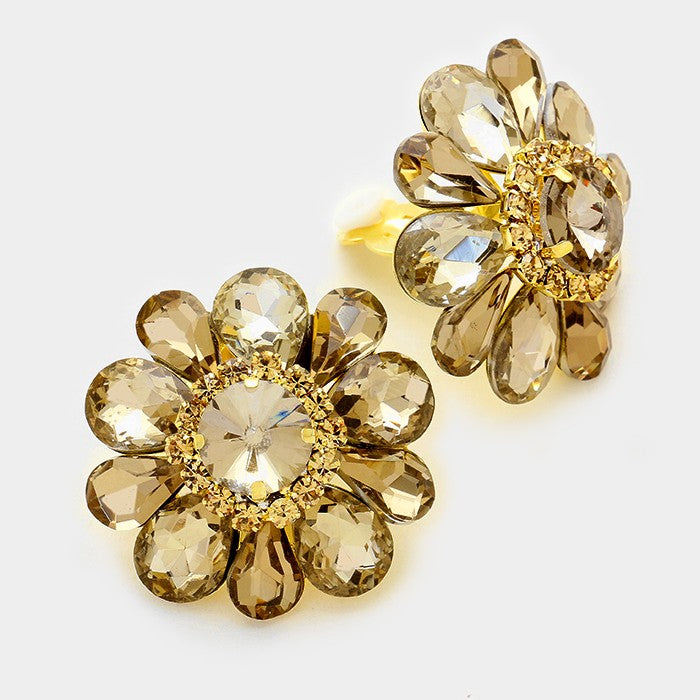 Large Topaz Crystal Flower Clip On Earrings | 331540